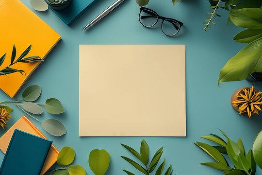 Empty sheet of paper surrounded by office supplies and plants on blue background
