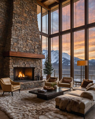 Serene rustic home with a beige sofa stone wall fireplace fur carpet and golden hour snowy mountain views captured through large windows  Interior Design Inspiration