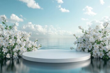 A white circular podium on the water, surrounded by blooming white flowers. The background is a light blue sky and a calm sea, suitable for product display or demonstration models.