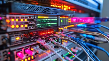 Fototapeta premium A close-up view of illuminated server racks with colorful lights and connected cables, showcasing a data center's technological complexity.