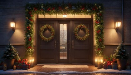 Obraz premium Warmly lit entrance with a festive Christmas wreath and lush greenery surrounding the door, Festive Colors, Christmas Wreath, Lush Greenery