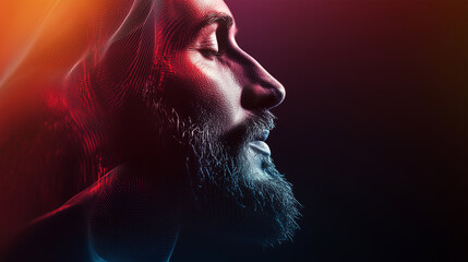 A background where gradation dots and digital wave lines create the image of Jesus' face and digital wave lines wave around it