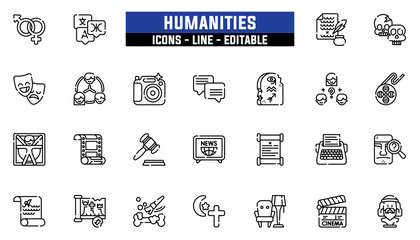 Set of 25 line icons humanities. Editable stroke. Vector illustration