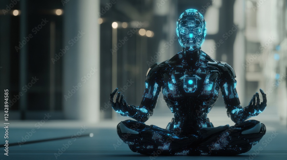 Poster a futuristic robot meditates in a modern setting