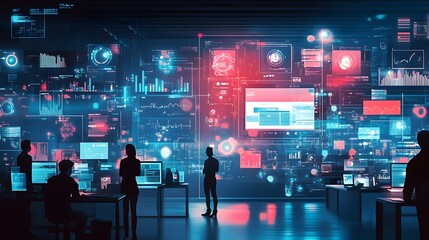 A modern office filled with professionals collaborating on digital marketing campaigns and analyzing data