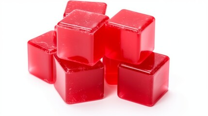 Red gelatin dessert isolated on white background, glossy texture with perfect cube shape, vibrant red color reflecting light
