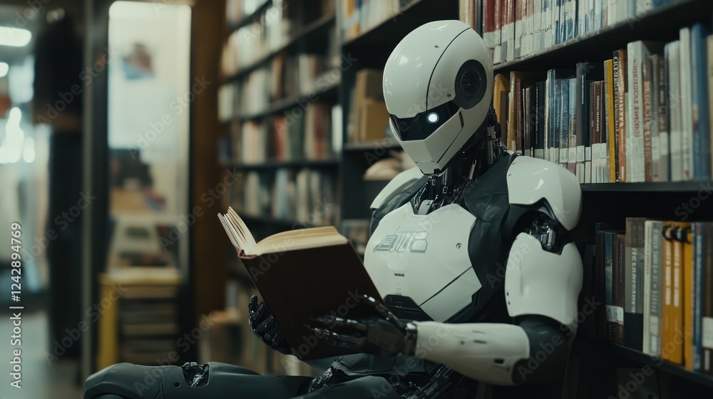 Poster Advanced Robot Reads Book In Library Setting