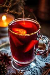 Delicious warm beverage with spices and steam at an inviting indoor setting near a cozy candle