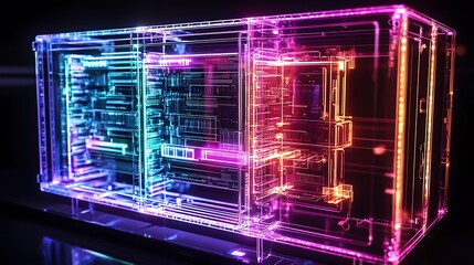 A glowing AI data center designed with transparent panels, showcasing internal circuits and flowing data streams in vivid colors.