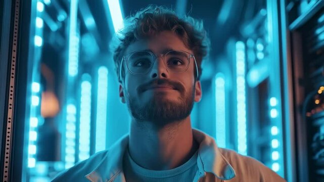 Contemplative Young Man in Glasses Surrounded by Blue Neon Lights in a High-Tech Environment, Symbolizing Technology, Innovation, and Modernity