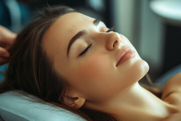 Naklejka premium Young woman with her eyes closed and relaxed, comfortable