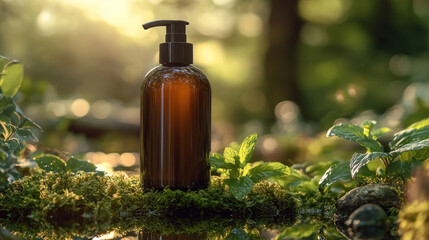 brown cosmetic bottle with pump stands on moss in lush forest setting, surrounded by green plants and soft sunlight filtering through trees, creating serene atmosphere