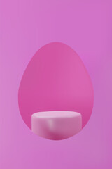 3D-rendered pink cylindrical podium with an abstract Easter egg-shaped backdrop. Perfect for festive product displays, seasonal promotions, Easter-themed designs. Three-dimensional vector illustration