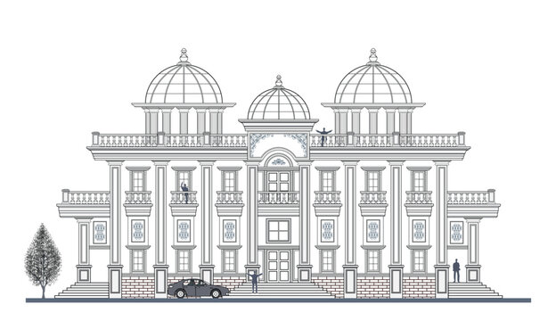 Facade of 3 storeys symmetrical modern classic building with 2 doors, 12 windows, 10 columns, 3 domes, balustrade, frames, decoration, stairs, crowns, canopy  and its elements design.