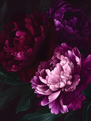 Dark red and purple peonies in full bloom, arranged in an artistic pattern on a black background. High-quality floral wallpaper with rich colors and detailed petals