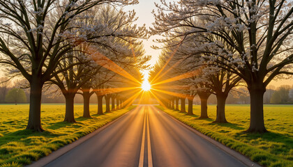 Fototapeta premium Blossoming trees lining symmetrical pathway at sunrise, spring equinox