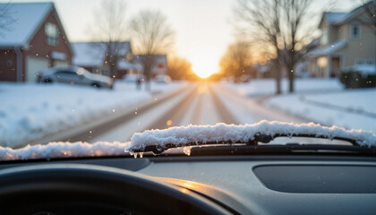Snowy suburban evening drive with iced windshield wipers, winter journey
