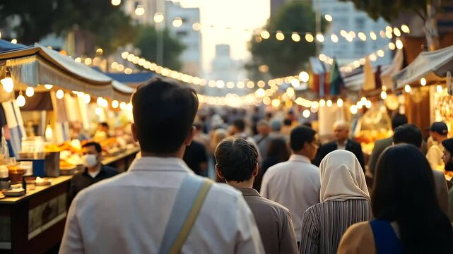 Eid Market Scene with Shoppers Buying Clothes and Decorations