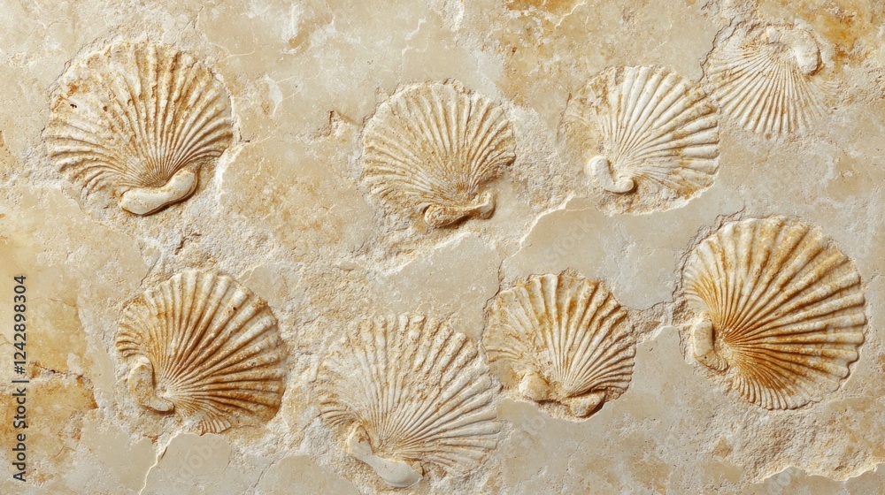 Poster Fossilized scallop shells embedded in stone