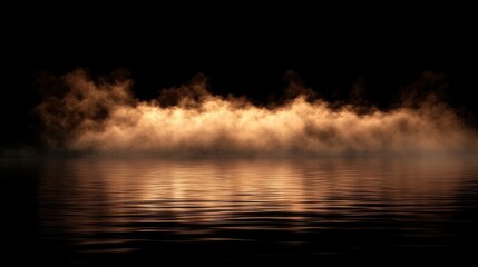 Fototapeta premium A serene scene featuring a reflective water surface illuminated by soft, golden fog against a dark backdrop, creating a mystical atmosphere.