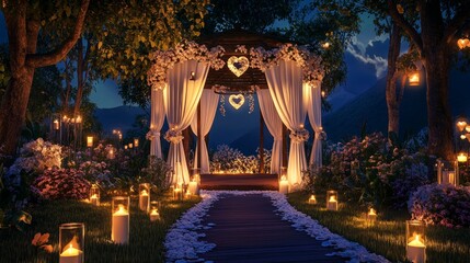 Fototapeta premium Enchanting Candlelit Pathway to Secluded Gazebo with White Curtains and Floral Decor, Romantic Evening Scene. Photorealistic Rendering.