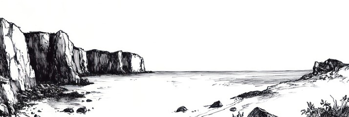Obraz premium Coastal Cliffscape Ink Drawing Seascape Scene