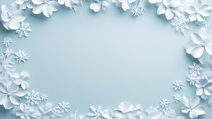 Winter floral frame, pastel blue background, holiday greeting