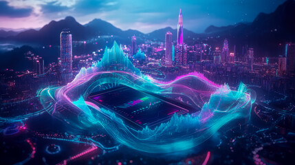 Cybernetic Cityscape: Data Streams over a Night Metropolis