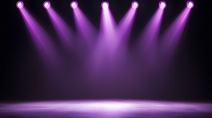 Six purple spotlights illuminate a dark stage, creating a dramatic and mysterious atmosphere.