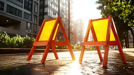 Fototapeta premium Empty Warning Signs on Wet City Street at Sunset