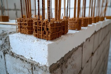 Construction Detail Close Up Showing Rebar in Concrete Blocks