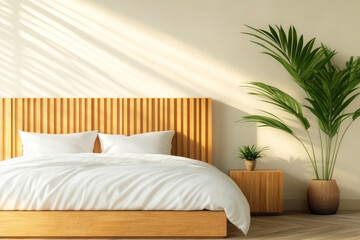 Cozy Minimalist Bedroom with Wooden Bed Frame and Lush Green Plant in Soft Morning Light