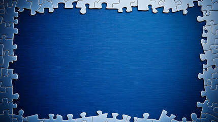 A vibrant blue puzzle piece border, framing the center with a sense of structured creativity.