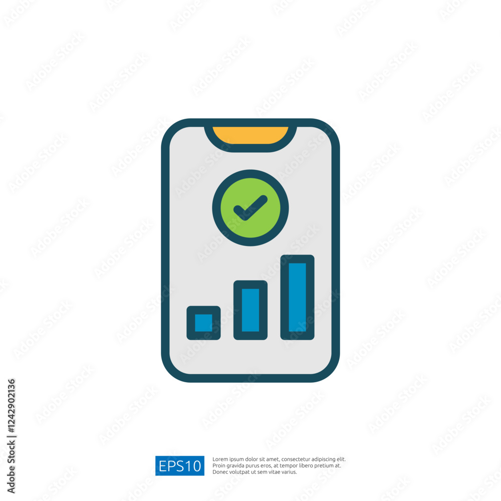 Poster analytics report with chart and checkmark symbol depicting growth and progress in data analysis for 