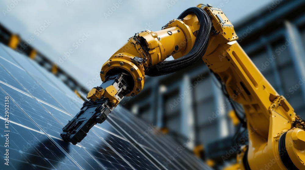 Poster robotic arm installing solar panels on a factory roof