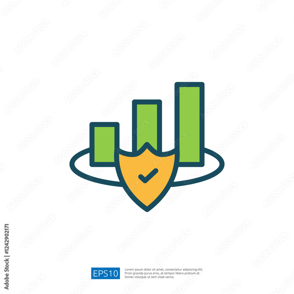 Poster data visualization with secure shield icon representing growth metrics and analysis in a modern digi