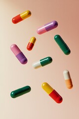 Colorful pharmaceutical capsules floating in the air against a soft background