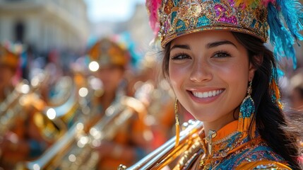A vibrant marching band parading through the streets with colorful uniforms and instruments, adding rhythm to the May Day celebrations. 