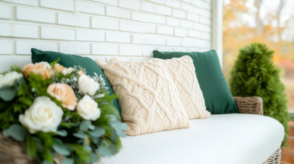 Cozy Outdoor Seating with Green Cushions and Decorative Floral Arrangement