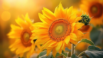 Obraz premium Golden sunflowers bask in warm sunlight.
