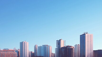 Urban skyline view with various high-rise buildings against a clear blue sky