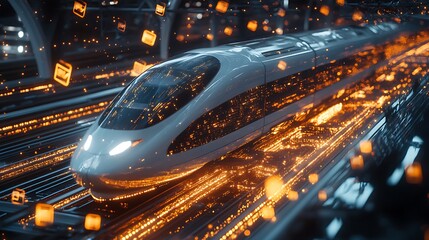 A high-speed bullet train surrounded by transparent streams of glowing data, symbolizing the integration of communication technology with transportation.