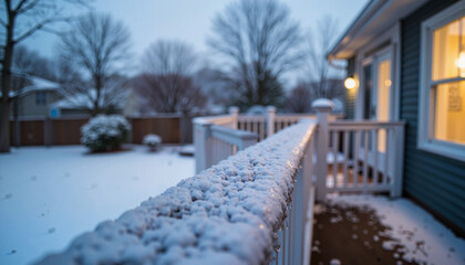 Fototapeta premium Icicles formed on porch railing during snowy winter morning, seasonal beauty