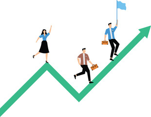 Sustainable growth, long term success or growing business with winning strategy, improvement or steps to team success, productivity concept, business people employee step up sustained growth arrow