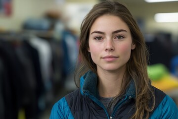 Fototapeta premium Young woman in casual attire stands confidently in a clothing store during daylight hours