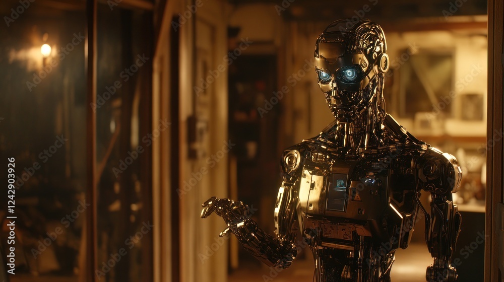Poster Advanced Metallic Robot Standing In A Workshop