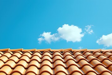 Naklejka premium Sunny Day Orange Roof Tiles Against Blue Sky and Clouds