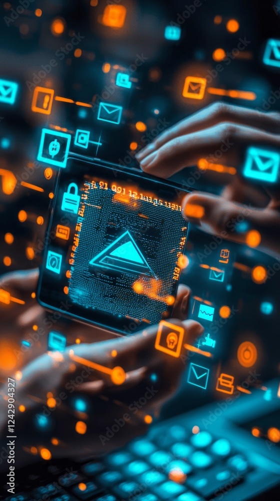 Poster amidst a backdrop of glowing icons, two hands engage with a smartphone displaying a digital interfac