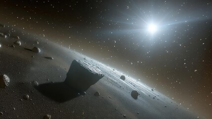A close-up of a meteorite drifting through the asteroid belt, illuminated by the light of a distant star.