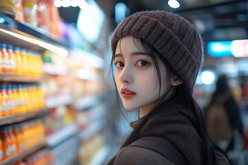 Young woman in a cozy beanie explores a beverage aisle in a brightly lit convenience store during the evening